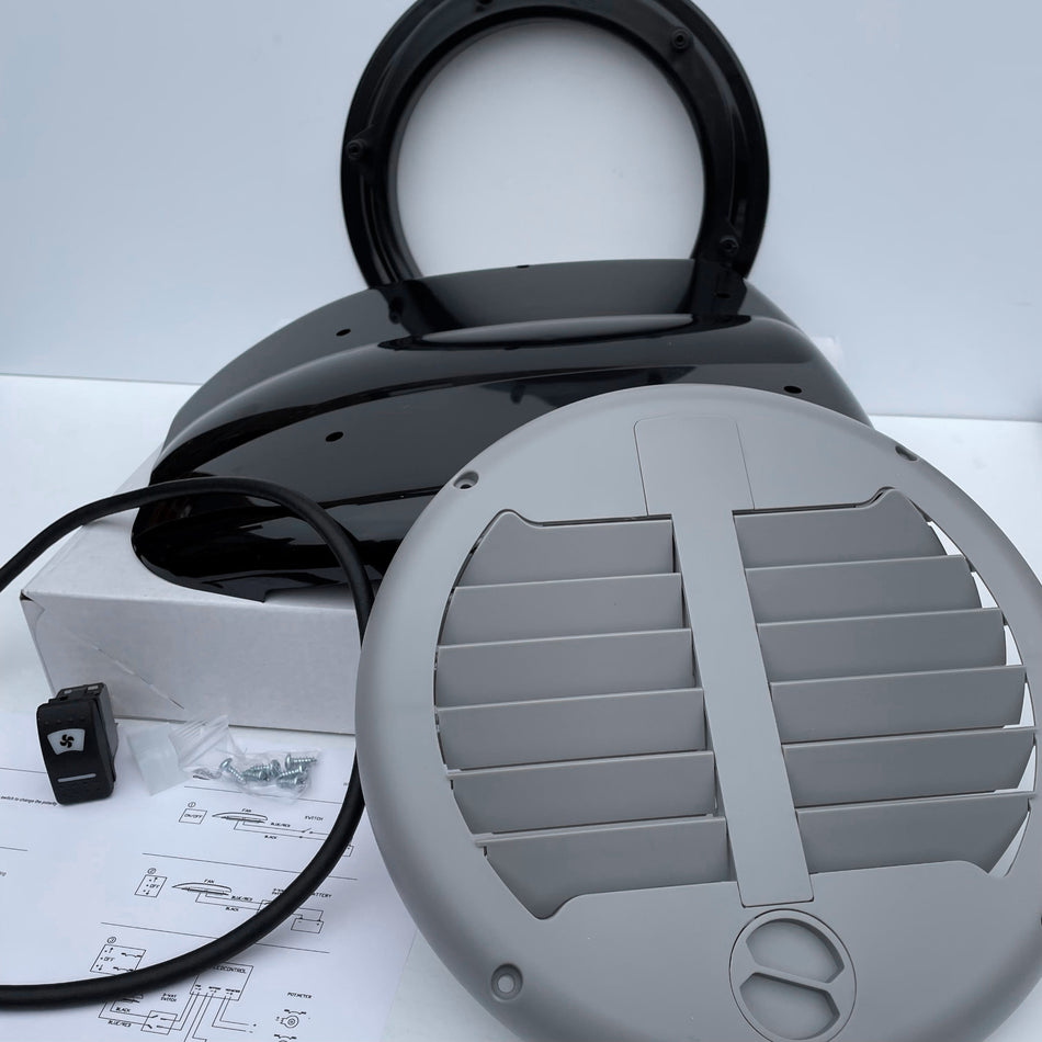 Low profile motorised roof ventilator for vans Black with grey inner valve