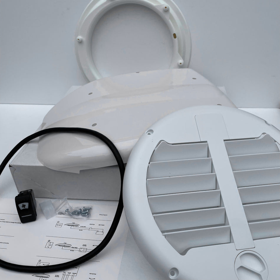 Low profile motorised van ventilator for vans with white inner valve